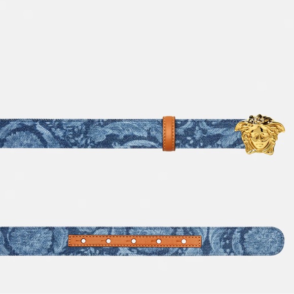 NEW VERSACE LA MEDUSA GOLD BUCKLE BAROCCO DENIM Leather Jean Belt 75/30 Medium - Picture 5 of 15